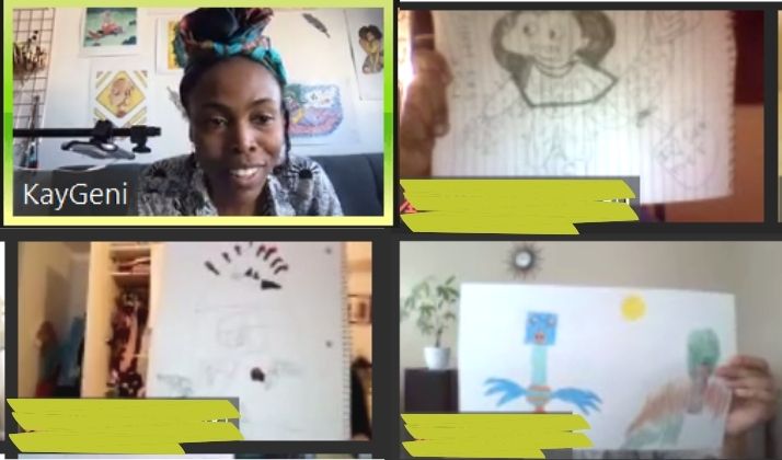 Facilitator KayGeni with three screens on zoom holding up hand drawn images