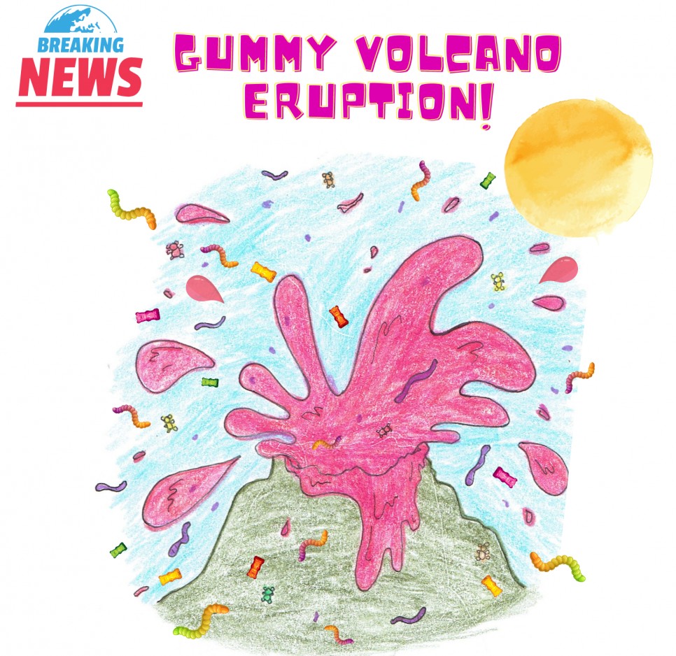 A green volcano is eruping molten gummy candy with gummy worms and candy flying out. There's a yellow sun in the top right corner and a "Breaking News" sign in the top left.