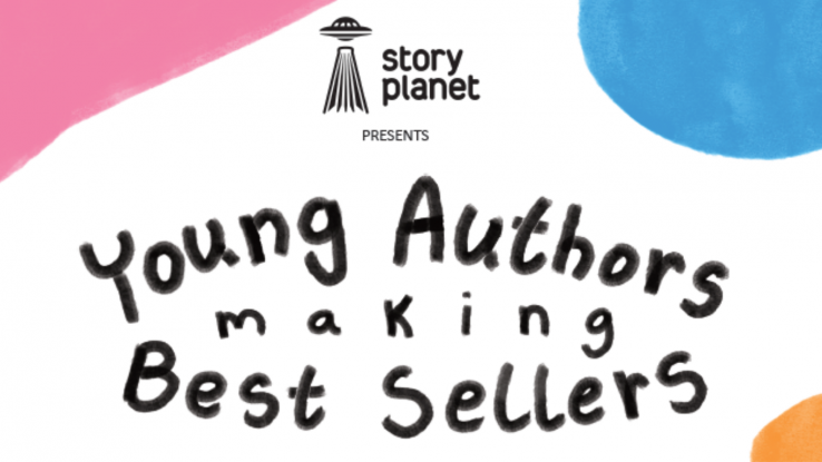 The Story Planet logo is in the top middle of the page, Text in the middle of the page reads: "presents Young Authors making Best Sellers." There's a pink triangle in the top left corner, and a light blue circle that goes partly off-screen, a small yellow/orange circle is in the bottom right.