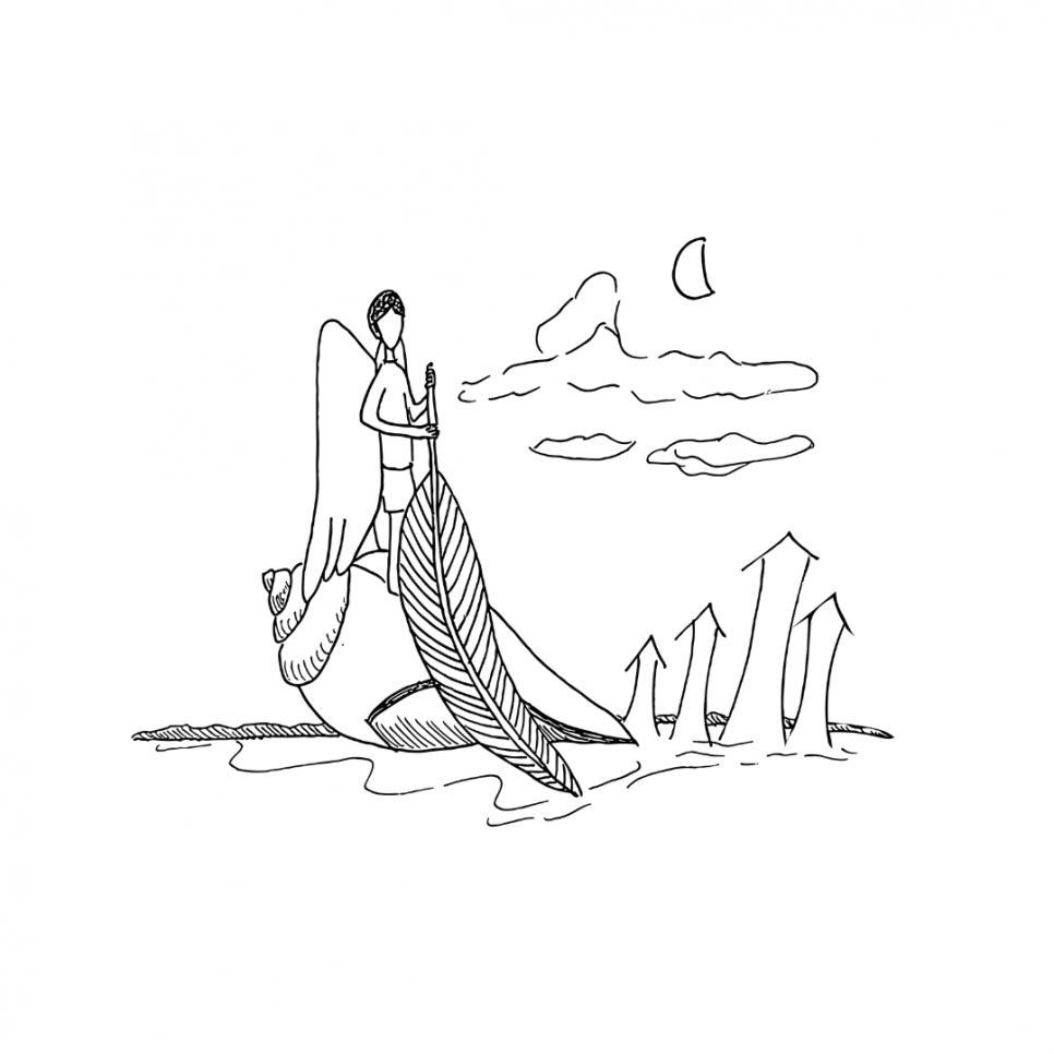 Illustration from 'Down Feathers'. A character is seen standing atop a huge seashell, holding a large feather at its stem. Clouds and a half moon are in the background. The illustration is in black and white.