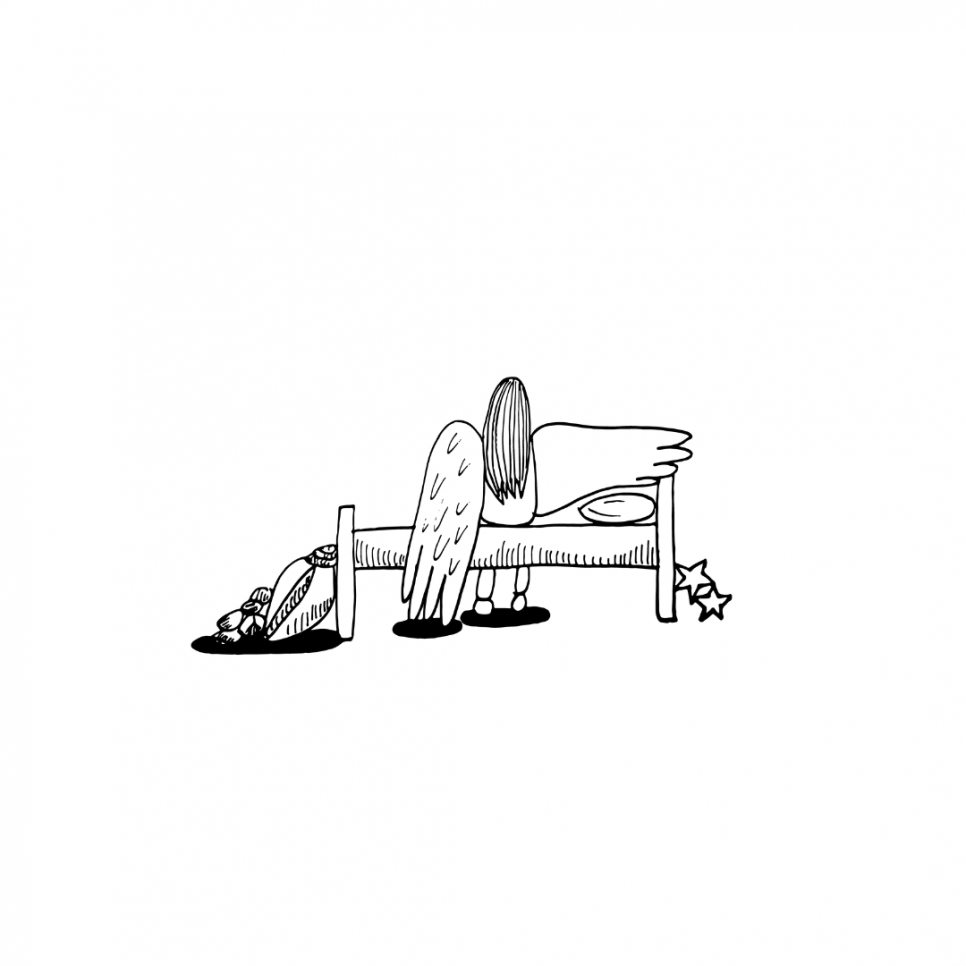 Illustration from 'Down Feathers' Lyra is sitting on her back with her back facing the viewer. One wing is stretched out to her side, plain, and the other falls to the floor, with feather textures. The image is in black and white.